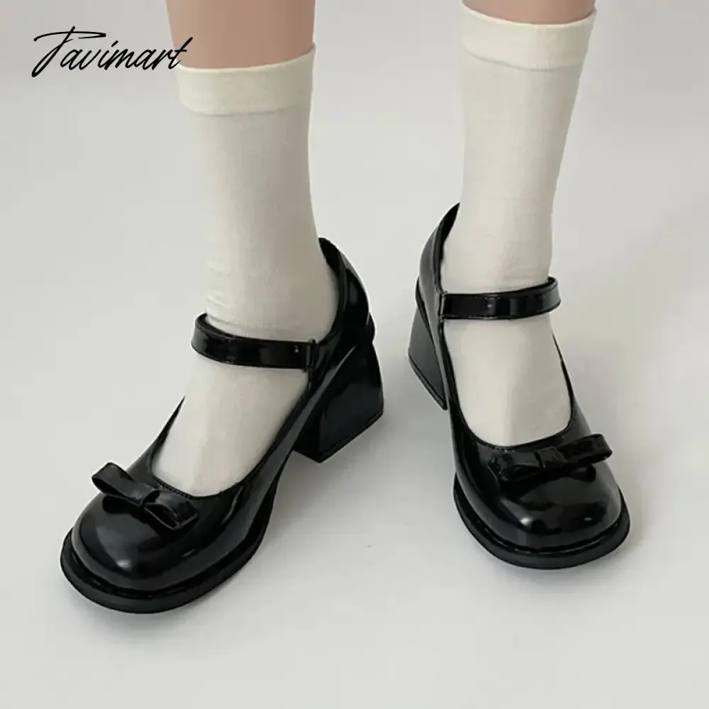 Tavimart Black Thick Heel Mary Jane Shoes Woman Vintage Bowknot Pu Leather Pumps Woman Round Toe Gothic Lolita Shoes Female