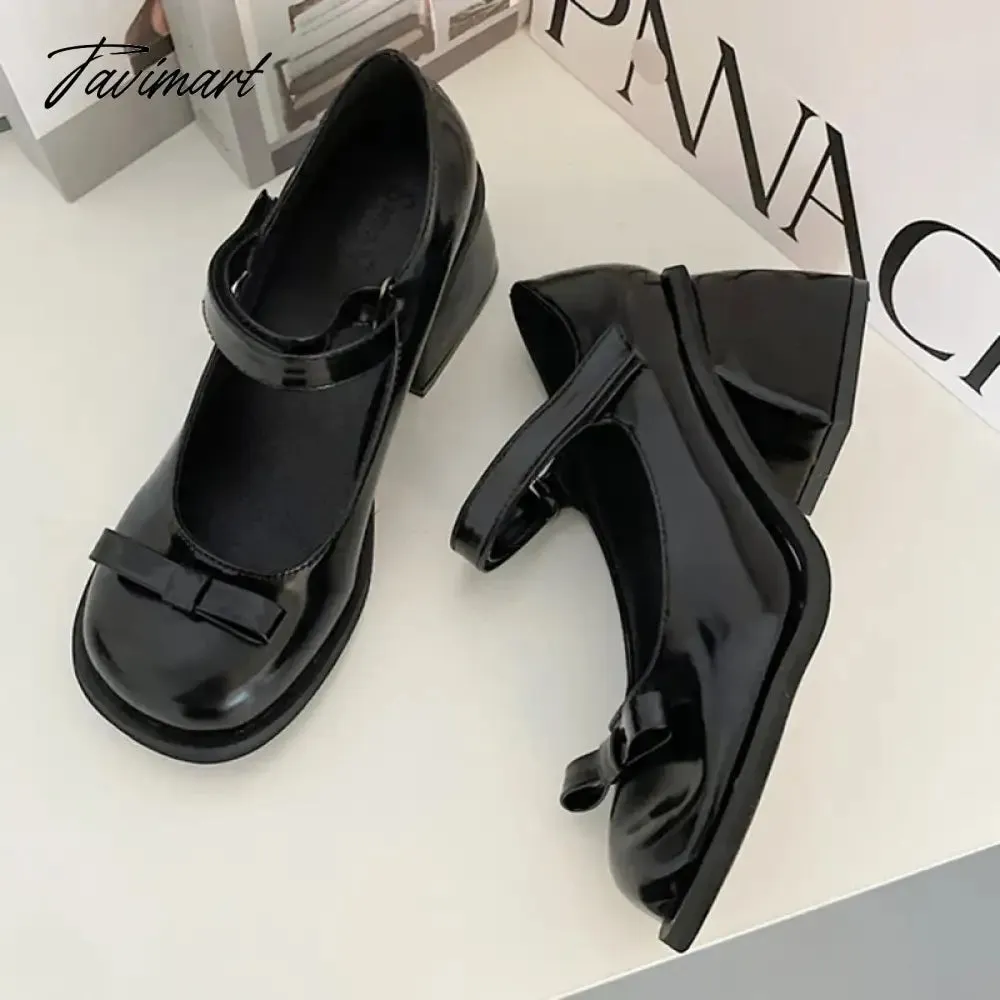 Tavimart Black Thick Heel Mary Jane Shoes Woman Vintage Bowknot Pu Leather Pumps Woman Round Toe Gothic Lolita Shoes Female