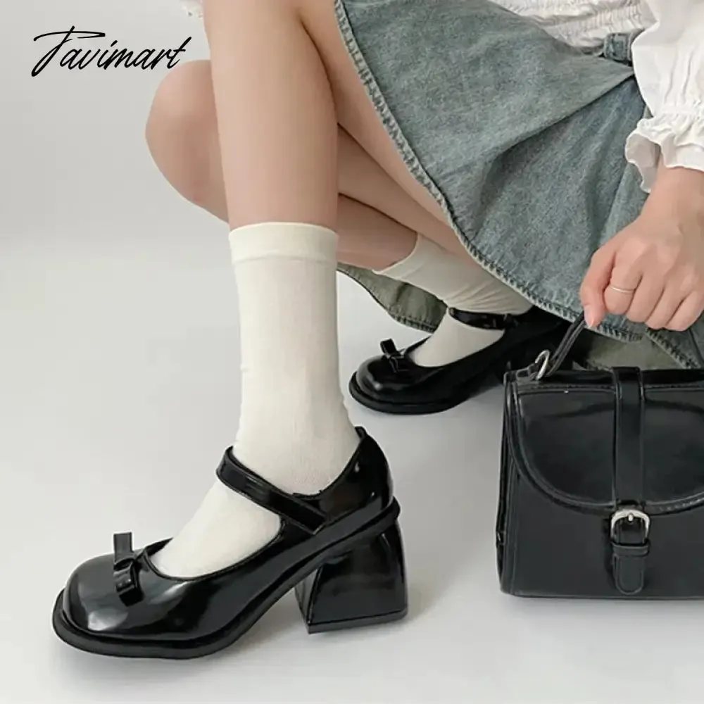 Tavimart Black Thick Heel Mary Jane Shoes Woman Vintage Bowknot Pu Leather Pumps Woman Round Toe Gothic Lolita Shoes Female