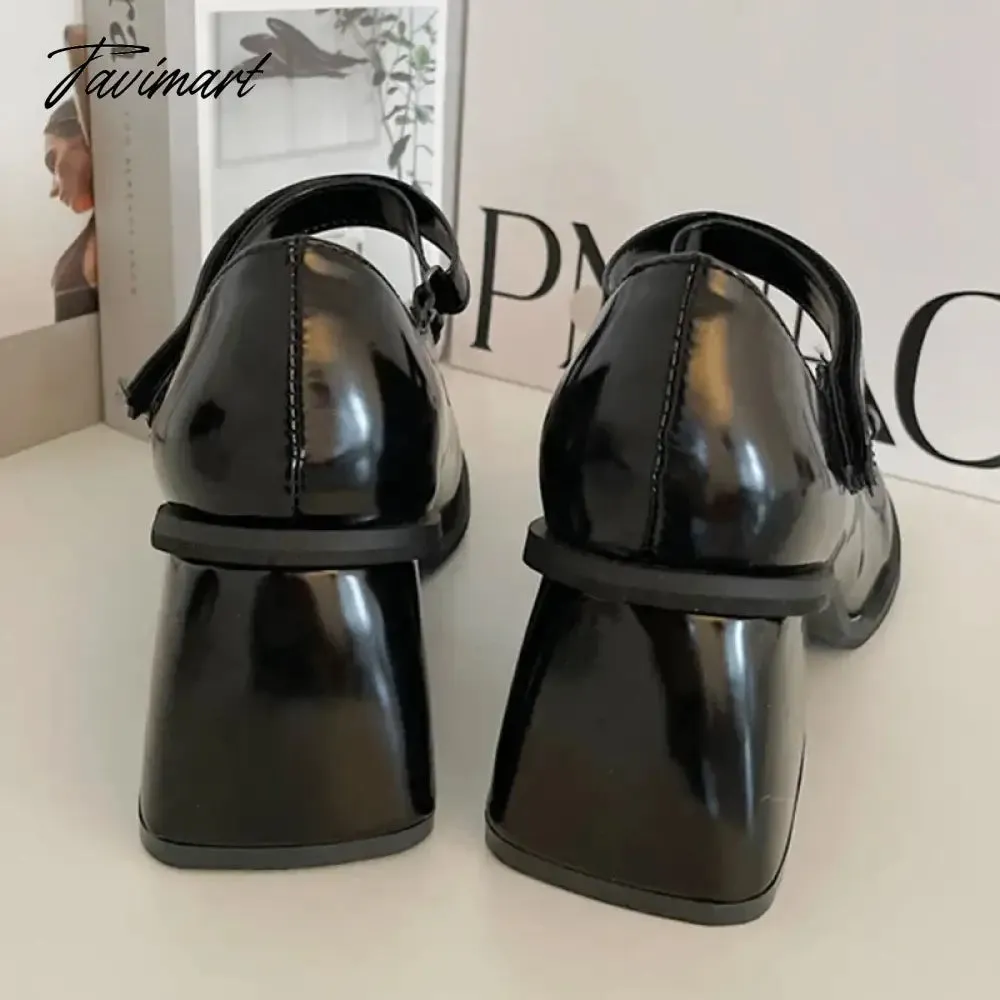 Tavimart Black Thick Heel Mary Jane Shoes Woman Vintage Bowknot Pu Leather Pumps Woman Round Toe Gothic Lolita Shoes Female