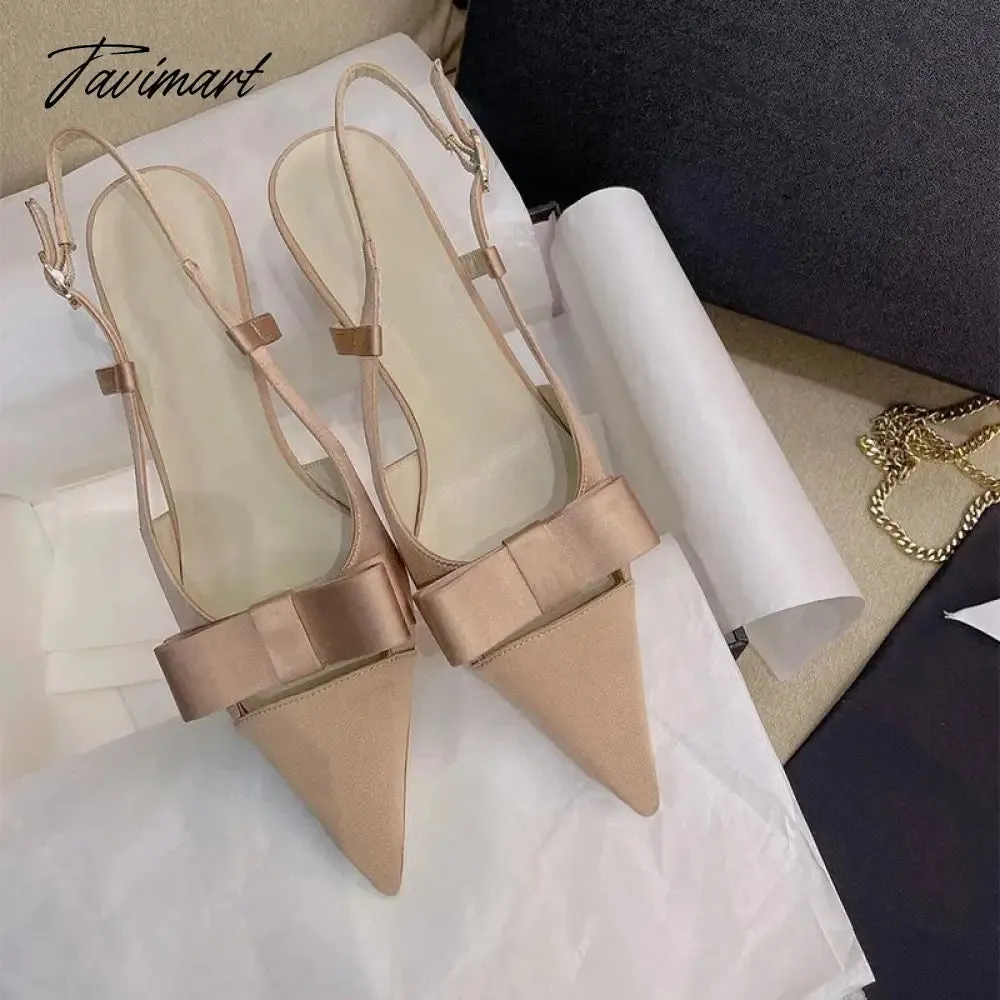 Tavimart Bow Knot Hollow out High Heels New French Style Celebrity Pointed Thin Heels Silk Wrap Head Sandals