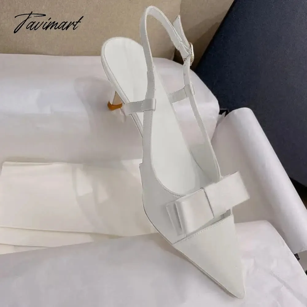 Tavimart Bow Knot Hollow out High Heels New French Style Celebrity Pointed Thin Heels Silk Wrap Head Sandals