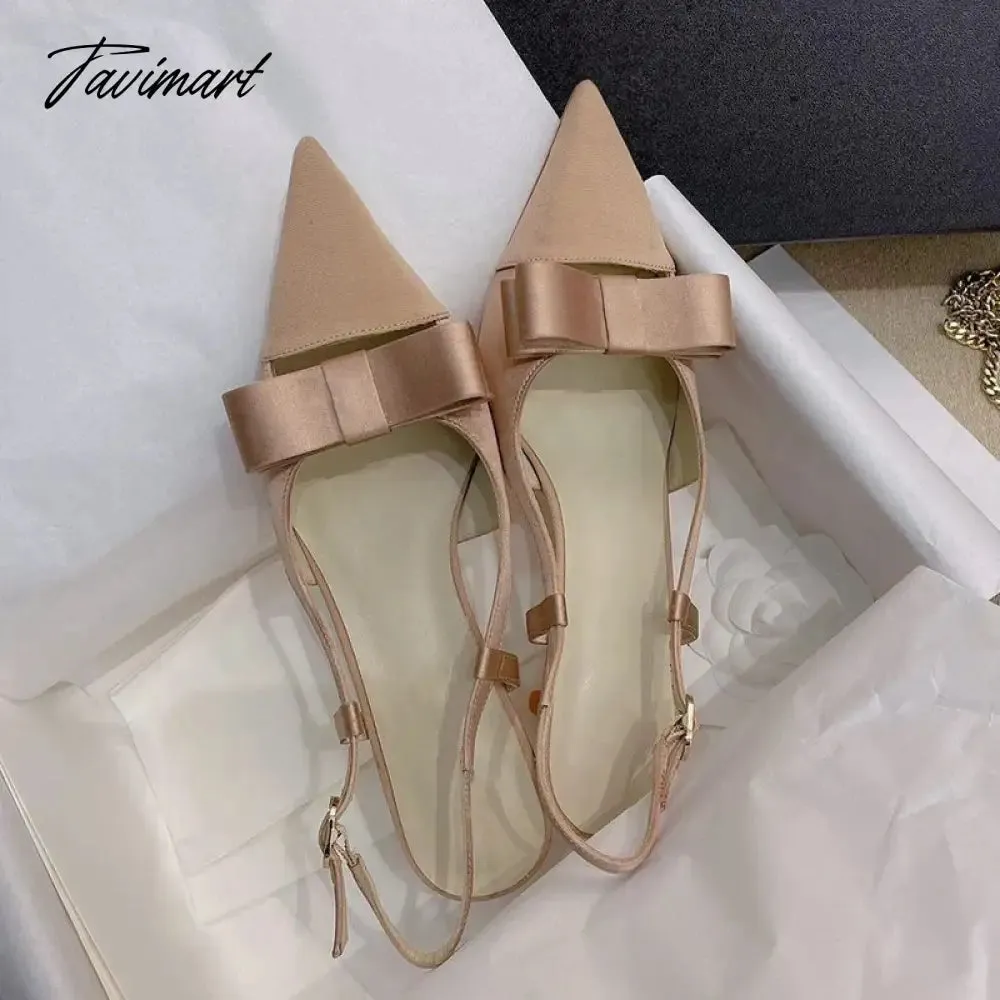 Tavimart Bow Knot Hollow out High Heels New French Style Celebrity Pointed Thin Heels Silk Wrap Head Sandals