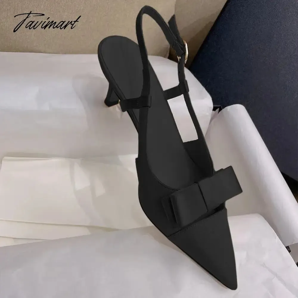 Tavimart Bow Knot Hollow out High Heels New French Style Celebrity Pointed Thin Heels Silk Wrap Head Sandals