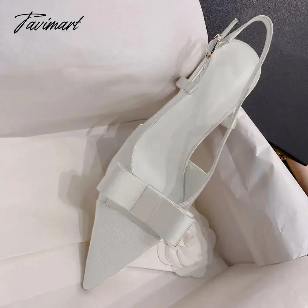 Tavimart Bow Knot Hollow out High Heels New French Style Celebrity Pointed Thin Heels Silk Wrap Head Sandals