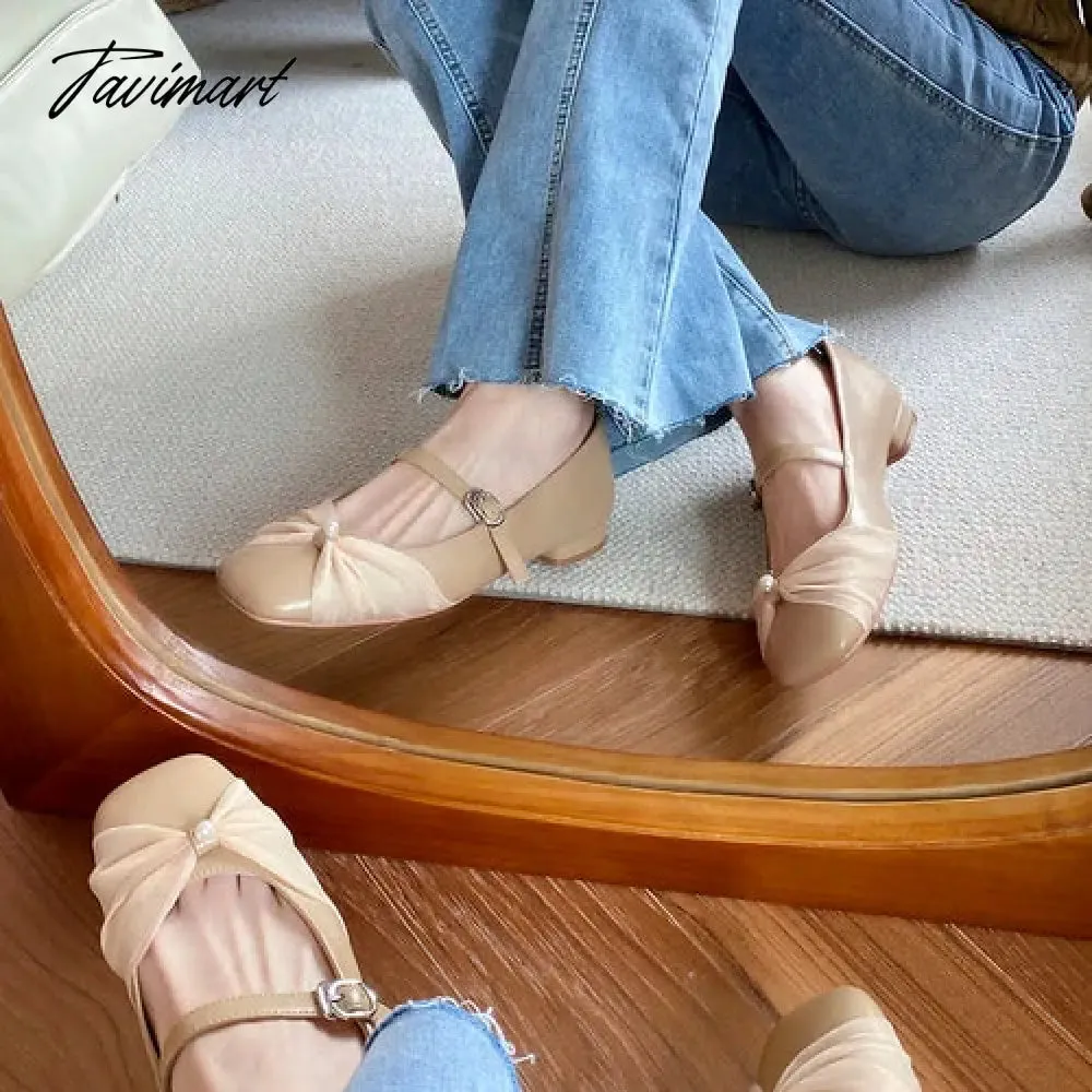 Tavimart Pearl Mesh Flat Bottom Single Shoes Women's New Style Butterfly Sweet Square Head Shallow Mouth Ballet Shoes