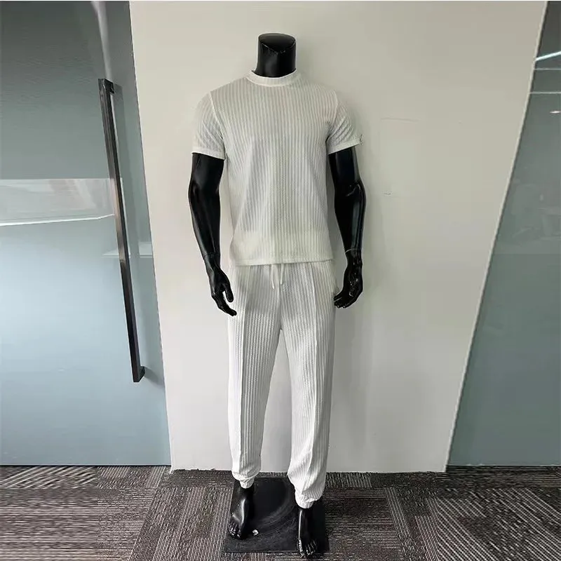 Wiaofellas  -  Men Casual Fashion Sports Knit Set Sexy Short Sleeve T-shirts Hip Hop O-collar Tops   Long Pants Two Piece Suit For Men Clothes