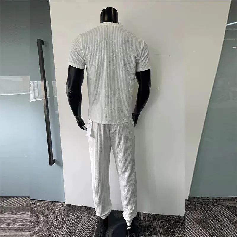 Wiaofellas  -  Men Casual Fashion Sports Knit Set Sexy Short Sleeve T-shirts Hip Hop O-collar Tops   Long Pants Two Piece Suit For Men Clothes