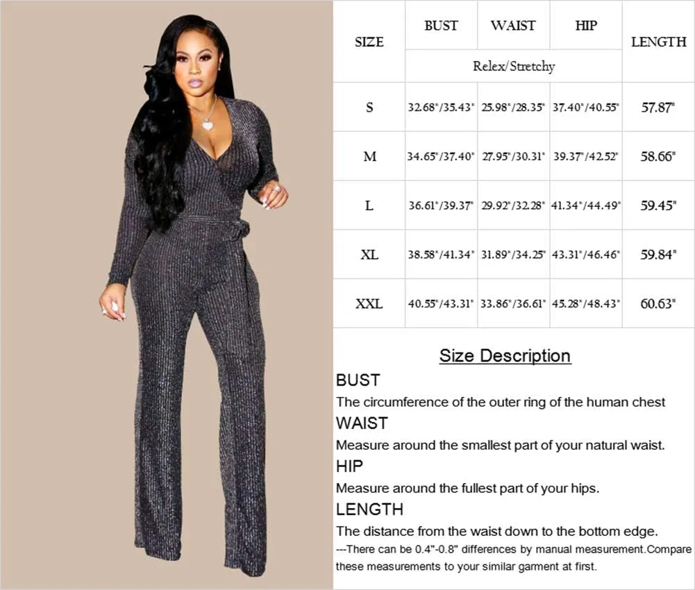 Women Casual Sexy V Neck Sparkly Jumpsuits Long Sleeve Onesie Loose Pants Party Clubwear with Belt