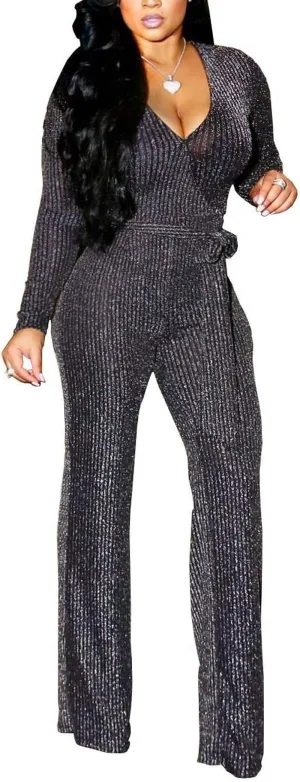 Women Casual Sexy V Neck Sparkly Jumpsuits Long Sleeve Onesie Loose Pants Party Clubwear with Belt