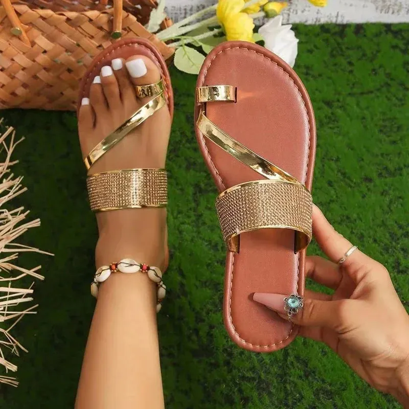 Women Rhinestone Toe Ring Slippers Summer Flats Shoes 2024 New Fashion Flip Flops Beach Bohemian Femme Home Slides