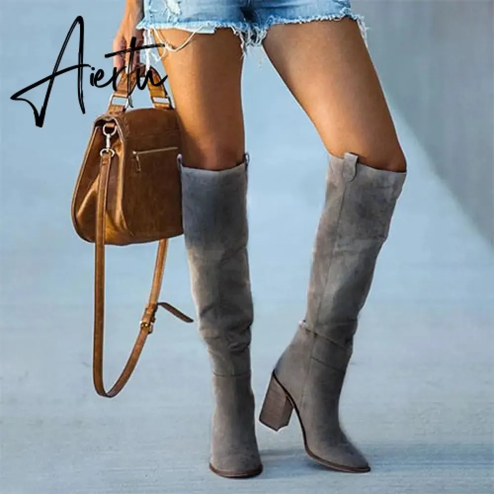 Women Suede Knee High Boots Ladies Solid Pointed Toe Tall Boots Retro Roman High Heels Shoes Female Autumn Winter Long Boot