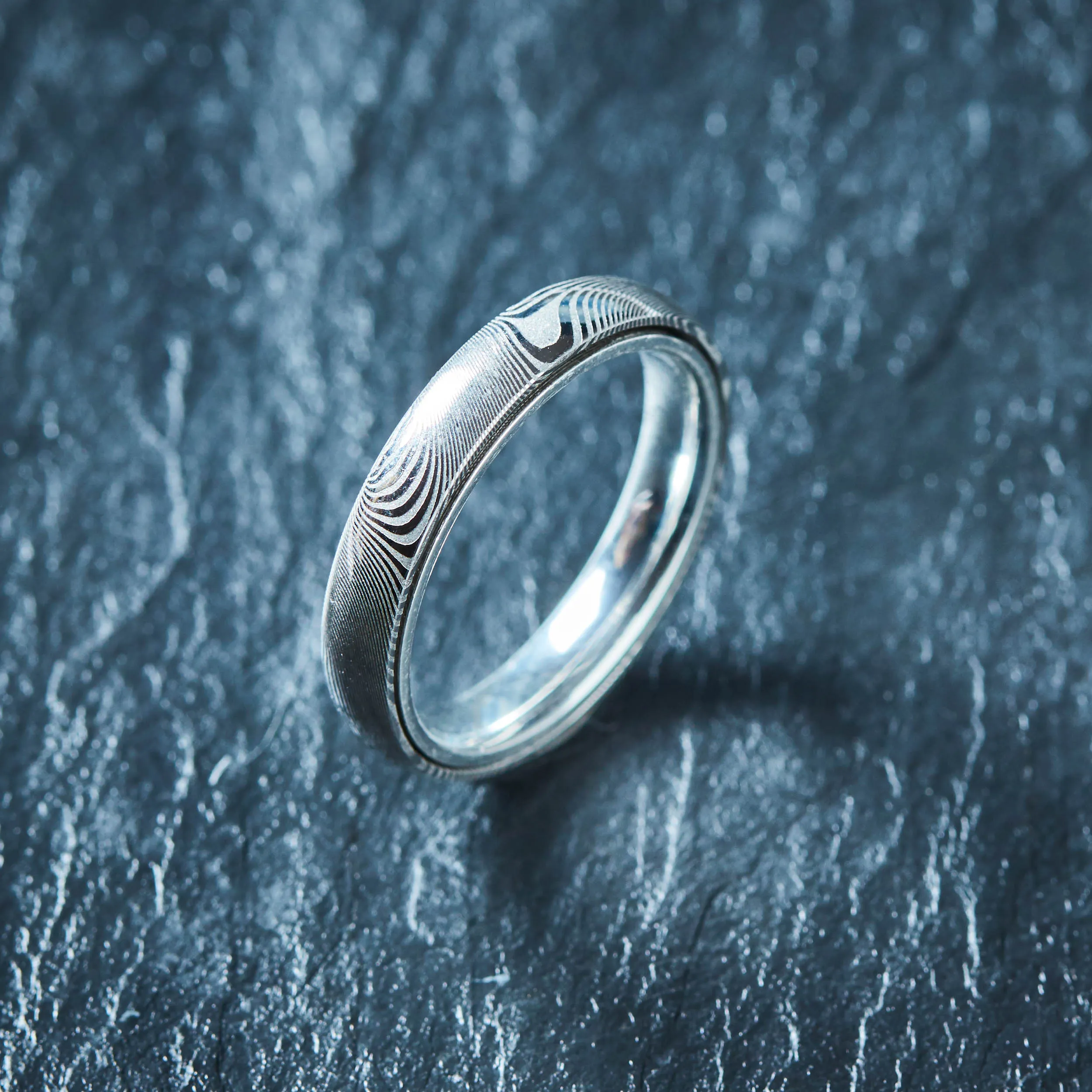 Wood Grain Damascus Steel Ring - Sterling Silver - 4MM