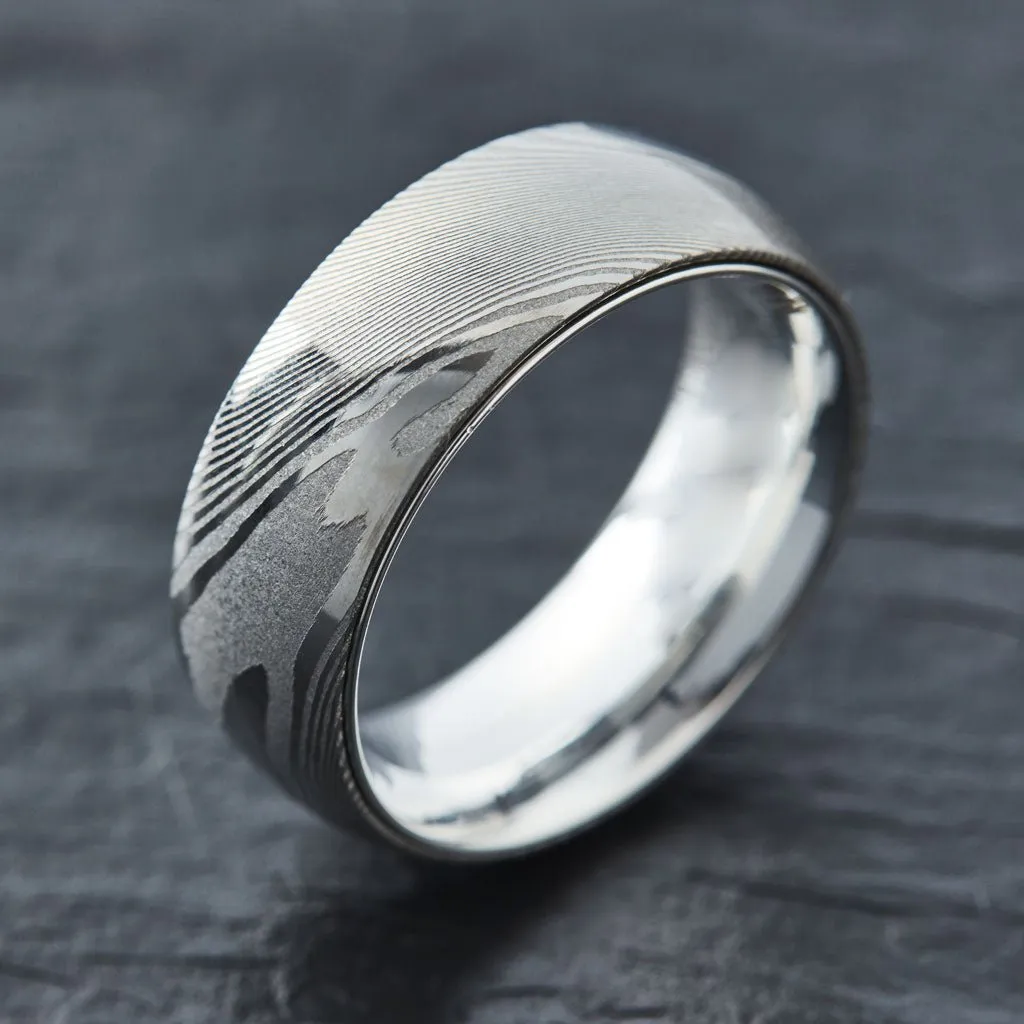 Wood Grain Damascus Steel Ring - Sterling Silver